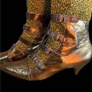 Vintage 80s Silva California metallic gold & animal print leather boots.